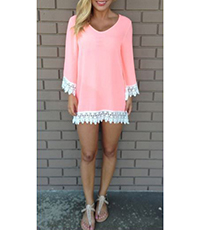 Pink Dresses – Long Sleeves Trimmed In Lace / Wide V-Neck